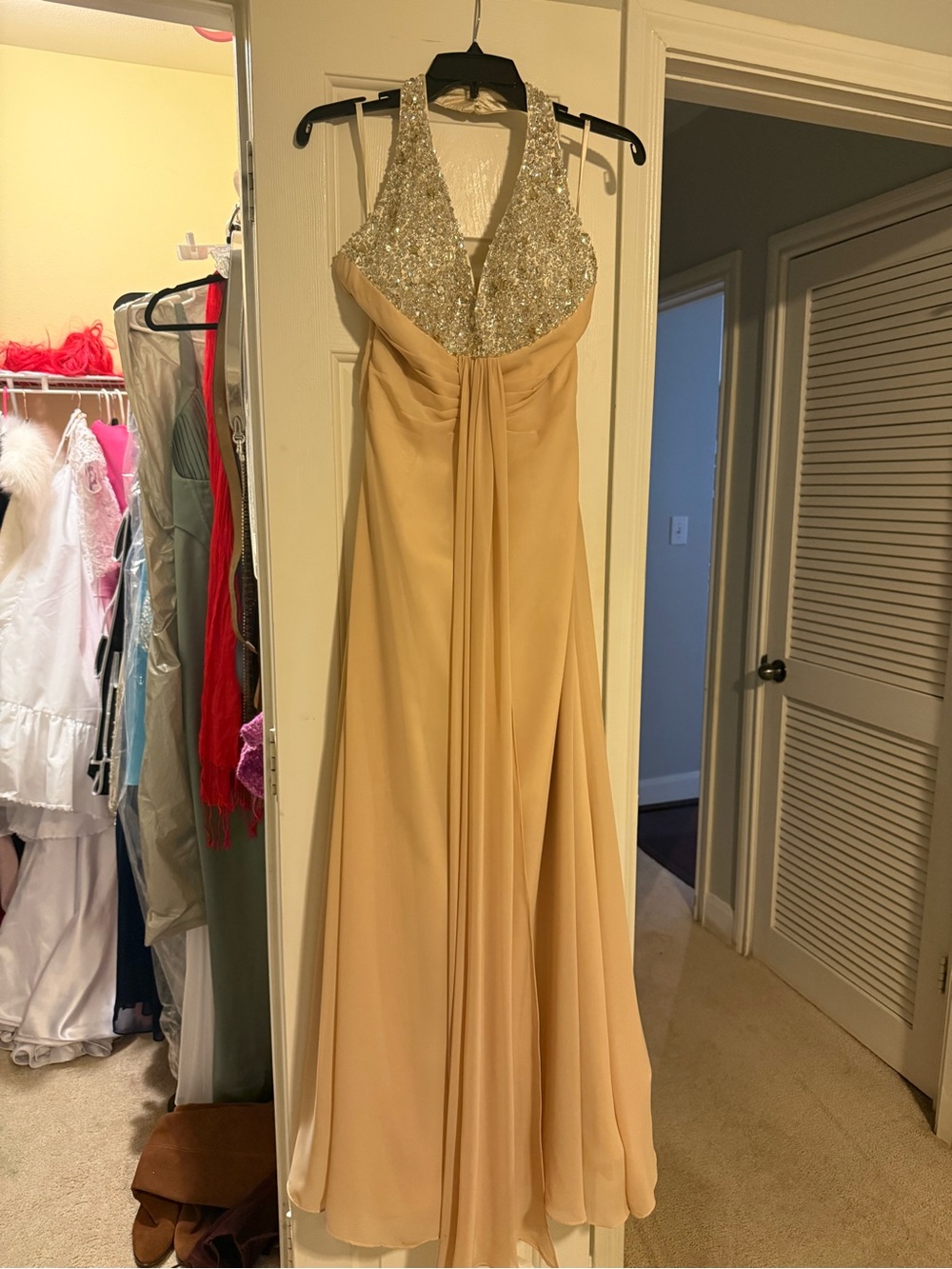 Elegant Champagne Halter Evening Gown with Sequin Bodice